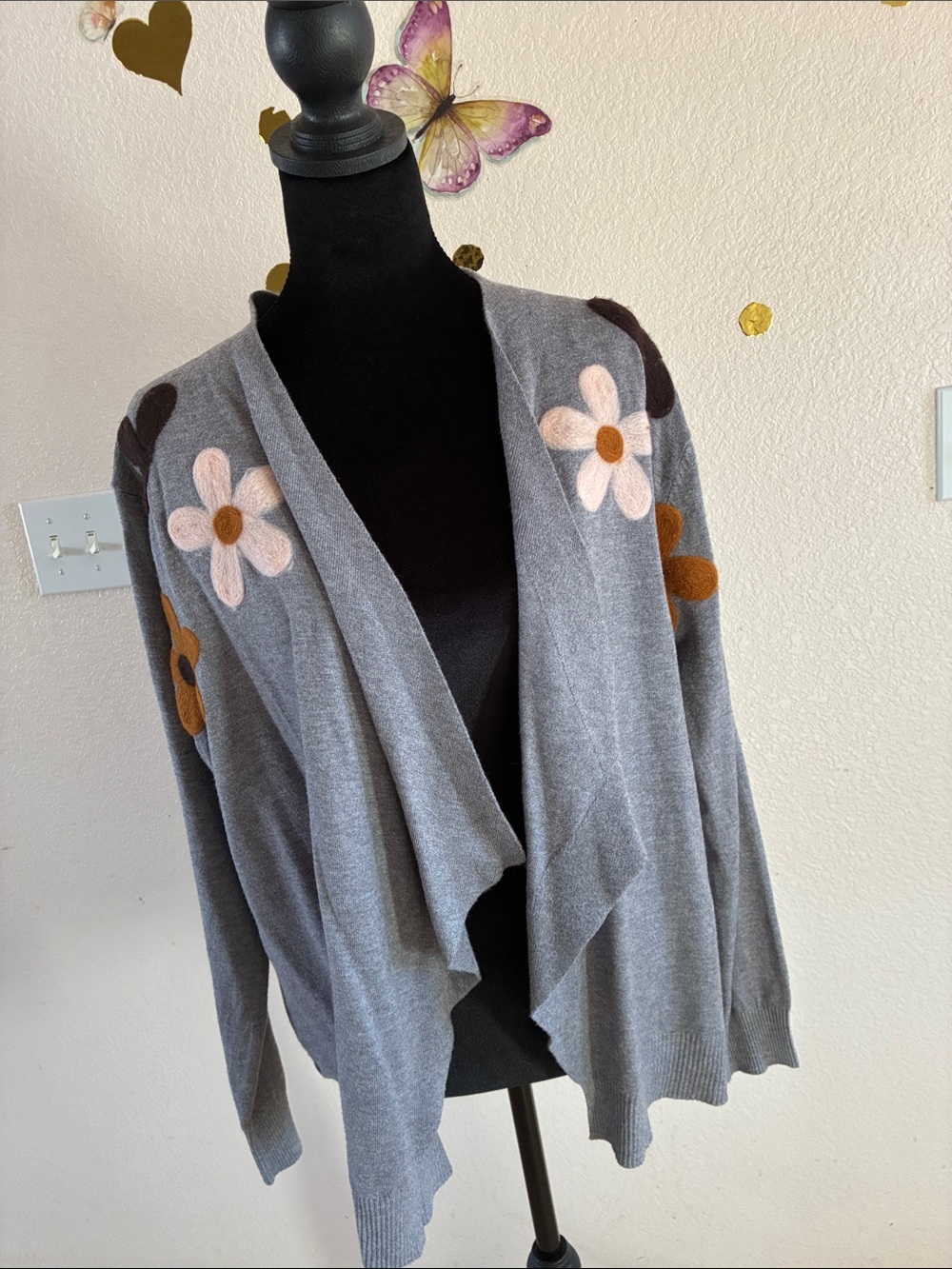 Gray Floral Open-Front Cardigan Sweater